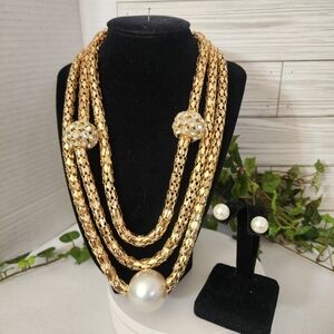 Statement 3 Strand Gold Mesh Necklace with Pearl and CZ Stones Set